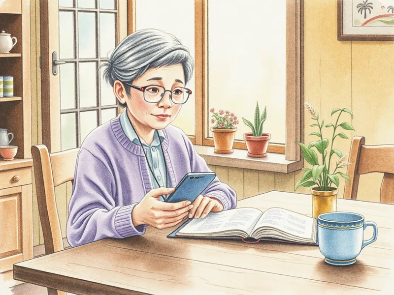 권사님이 휴대폰을 보고 있는 그림