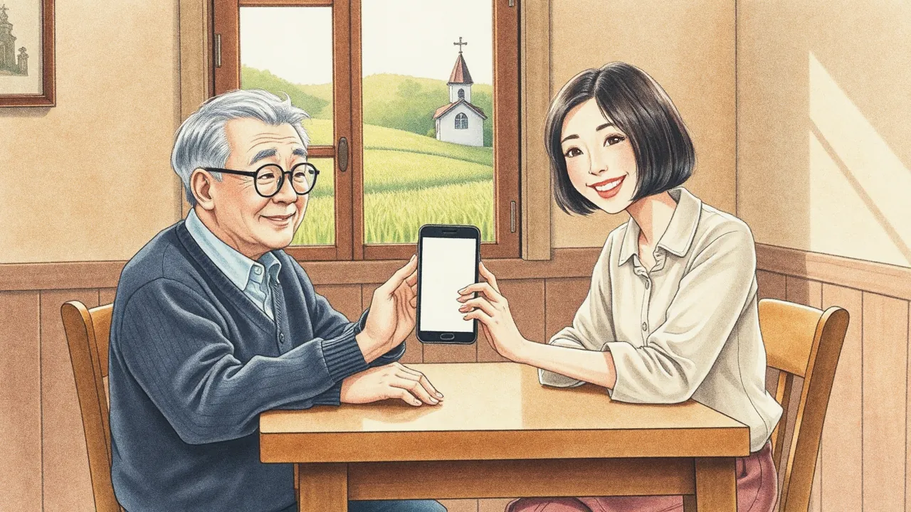 목사님과 성도가 함께 휴대폰을 보며 웃는 그림