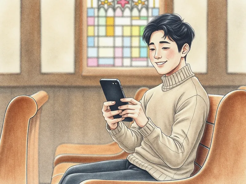 청년이 교회 의자에 앉아 휴대폰을 보는 그림